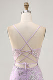 Sparkly Lilac Floral Tight Corset Mini Prom Dress with Sequins