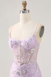 Sparkly Lilac Floral Tight Corset Mini Prom Dress with Sequins