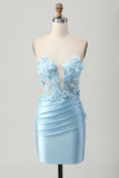 Sky Blue Corset Ruched Floral Tight Short Satin Prom Dress