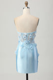 Sky Blue Corset Ruched Floral Tight Short Satin Prom Dress