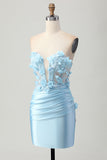 Sky Blue Corset Ruched Floral Tight Short Satin Prom Dress