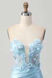 Sky Blue Corset Ruched Floral Tight Short Satin Prom Dress