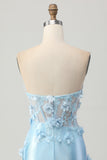 Sky Blue Corset Ruched Floral Tight Short Satin Prom Dress