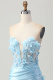 Sky Blue Corset Ruched Floral Tight Short Satin Prom Dress