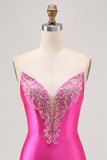 Sparkly Short Fuchsia Satin Tight Strapless Prom Dress with Rhinestones