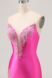 Sparkly Short Fuchsia Satin Tight Strapless Prom Dress with Rhinestones