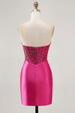 Sparkly Fuchsia Tight Corset Strapless Mini Satin Prom Dress