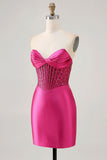 Sparkly Fuchsia Tight Corset Strapless Mini Satin Prom Dress