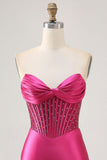 Sparkly Fuchsia Tight Corset Strapless Mini Satin Prom Dress