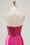 Sparkly Fuchsia Tight Corset Strapless Mini Satin Prom Dress
