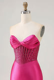 Sparkly Fuchsia Tight Corset Strapless Mini Satin Prom Dress