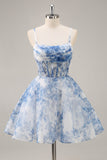 White and Blue Corset Floral Ruched A Line Short Prom Dress
