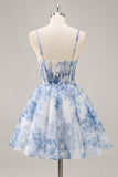White and Blue Corset Floral Ruched A Line Short Prom Dress