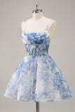 White and Blue Corset Floral Ruched A Line Short Prom Dress