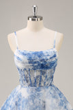 White and Blue Corset Floral Ruched A Line Short Prom Dress