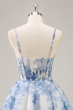 White and Blue Corset Floral Ruched A Line Short Prom Dress