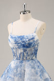 White and Blue Corset Floral Ruched A Line Short Prom Dress