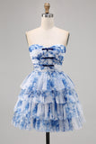 White and Blue Floral Ruffled Sweetheart Short A Line Prom Dress