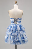 White and Blue Floral Ruffled Sweetheart Short A Line Prom Dress