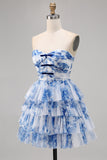White and Blue Floral Ruffled Sweetheart Short A Line Prom Dress