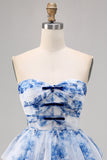White and Blue Floral Ruffled Sweetheart Short A Line Prom Dress