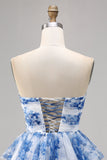 White and Blue Floral Ruffled Sweetheart Short A Line Prom Dress