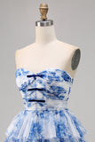 White and Blue Floral Ruffled Sweetheart Short A Line Prom Dress