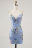 Sparkly Lilac Tight Beaded Floral Sequined Mini Prom Dress