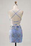 Sparkly Pink Beaded Floral Mini Tight Prom Dress with Sequins