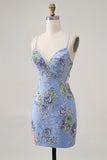 Sparkly Lilac Tight Beaded Floral Sequined Mini Prom Dress