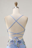 Sparkly Blue Floral Tight Sequined Short Prom Dress with Beading
