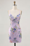 Sparkly Pink Beaded Floral Mini Tight Prom Dress with Sequins