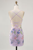 Sparkly Lilac Tight Beaded Floral Sequined Mini Prom Dress