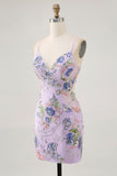 Sparkly Pink Beaded Floral Mini Tight Prom Dress with Sequins