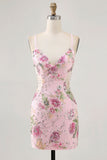Sparkly Pink Beaded Floral Mini Tight Prom Dress with Sequins