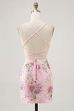 Sparkly Pink Beaded Floral Mini Tight Prom Dress with Sequins