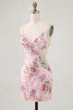 Sparkly Pink Beaded Floral Mini Tight Prom Dress with Sequins