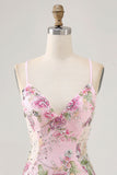 Sparkly Pink Beaded Floral Mini Tight Prom Dress with Sequins