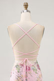 Sparkly Pink Beaded Floral Mini Tight Prom Dress with Sequins