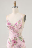 Sparkly Pink Beaded Floral Mini Tight Prom Dress with Sequins