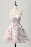 Sparkly Pink Floral Sweetheart A Line Short Sequined Prom Dress