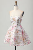 Sparkly Pink Floral Sweetheart A Line Short Sequined Prom Dress