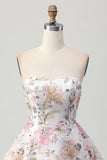 Sparkly Pink Floral Sweetheart A Line Short Sequined Prom Dress