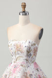 Sparkly Pink Floral Sweetheart A Line Short Sequined Prom Dress