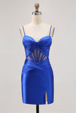 Satin Tight Royal Blue Ruched Corset Short Prom Dress with Slit