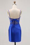 Satin Tight Royal Blue Ruched Corset Short Prom Dress with Slit