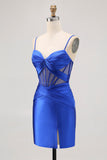 Satin Tight Royal Blue Ruched Corset Short Prom Dress with Slit