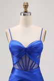 Satin Tight Royal Blue Ruched Corset Short Prom Dress with Slit