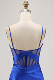 Satin Tight Royal Blue Ruched Corset Short Prom Dress with Slit