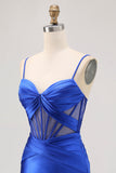 Satin Tight Royal Blue Ruched Corset Short Prom Dress with Slit